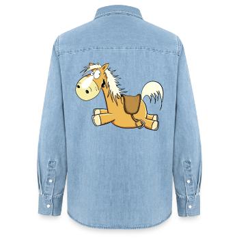 Happy Haflinger Fuchs Pferd I Reiter Geschenk - Frauen Jeanshemd Organic von Stanley/Stella - verwaschenes Hellblau - Hinten - AI Model Female 172 light (172cm)