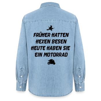 Früher hatten Hexen besen - Frauen Jeanshemd Organic von Stanley/Stella - verwaschenes Hellblau - Hinten - AI Model Female 172 light (172cm)
