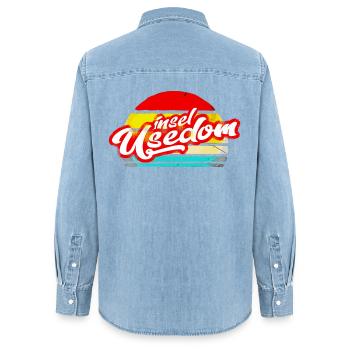 île usedom chemise rétro vintage autocollant autocollant - Chemise en denim femme bio Stanley/Stella - bleu clair délavé - Dos - AI Model Female 172 light (172cm)