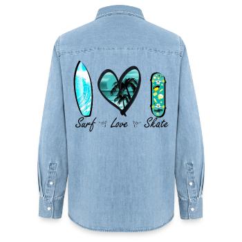 surf love skate vague coeur - Chemise en denim femme bio Stanley/Stella - bleu clair délavé - Dos - AI Model Female 172 light (172cm)