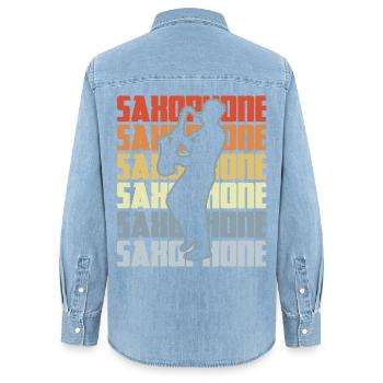 Vintage Saxophon - Frauen Jeanshemd Organic von Stanley/Stella - verwaschenes Hellblau - Hinten - AI Model Female 172 light (172cm)