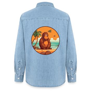 Orang-outan aquarelle dessin animé Kawaii Clipart Animal - Chemise en denim femme bio Stanley/Stella - bleu clair délavé - Dos - AI Model Female 172 light (172cm)