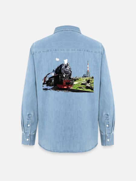 Dampflok am Brocken im Harz - Frauen Jeanshemd Organic von Stanley/Stella - verwaschenes Hellblau