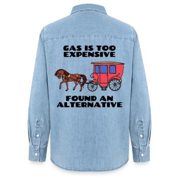 Tanken Cooler Spruch Energiespeicher Strom - Frauen Jeanshemd Organic von Stanley/Stella - verwaschenes Hellblau - Hinten - AI Model Female 172 light (172cm)