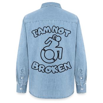 Ich sitze im Rollstuhl, aber ich bin nicht kaputt # - Frauen Jeanshemd Organic von Stanley/Stella - verwaschenes Hellblau - Hinten - AI Model Female 172 light (172cm)