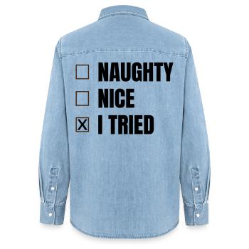 Dictons amusants pour Noël - Chemise en denim femme bio Stanley/Stella - bleu clair délavé - Dos - AI Model Female 172 light (172cm)