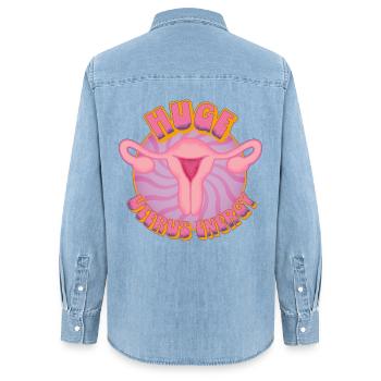 Huge Uterus Energy – Power & Empowerment - Women’s Organic Denim Shirt by Stanley/Stella - light wash - Back - AI Model Female 172 light (172cm)