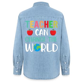 Teachers can change the world - Women’s Organic Denim Shirt by Stanley/Stella - light wash - Back - AI Model Female 172 light (172cm)