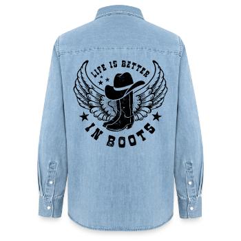 La vie est meilleure en bottes - Linedance - Country Fan - Chemise en denim femme bio Stanley/Stella - bleu clair délavé - Dos - AI Model Female 172 light (172cm)