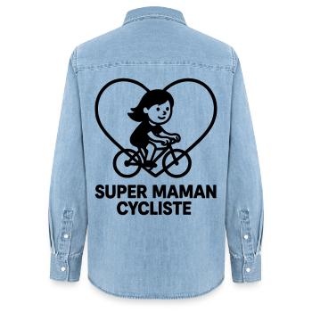 Super maman cycliste – Cœur vélo cyclisme - Chemise en denim femme bio Stanley/Stella - bleu clair délavé - Dos - AI Model Female 172 light (172cm)