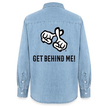 Mets-toi derrière moi ! (Croix / Bible / Religion / 2C) - Chemise en denim femme bio Stanley/Stella - bleu clair délavé - Dos - AI Model Female 172 light (172cm)