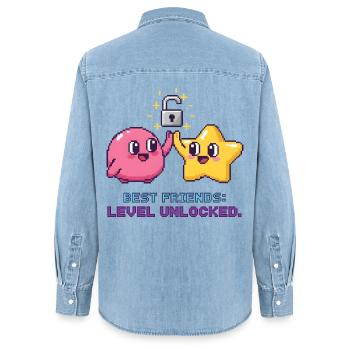 Best Friends BFF Pixel Gaming Level Up - Women’s Organic Denim Shirt by Stanley/Stella - light wash - Back - AI Model Female 172 light (172cm)