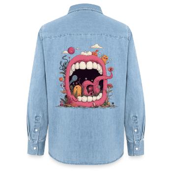 Monde de la Bouche Rose avec des Créatures - Chemise en denim femme bio Stanley/Stella - bleu clair délavé - Dos - AI Model Female 172 light (172cm)