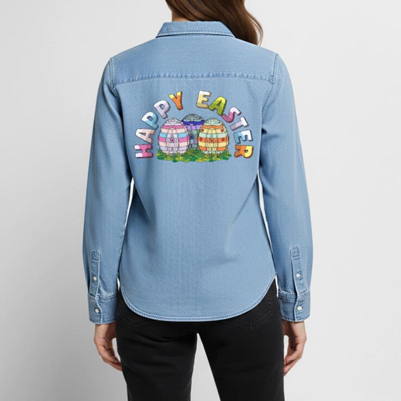 Happy Easter Brick Builder Easter Eggs Bricks Women’s Organic Denim Shirt by Stanley/Stella