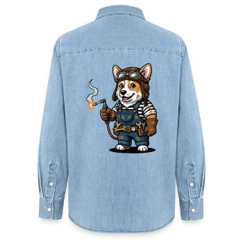 Corgi Soudeur Steampunk Mécanicien Industriel - Chemise en denim femme bio Stanley/Stella - bleu clair délavé - Dos - AI Model Female 172 light (172cm)