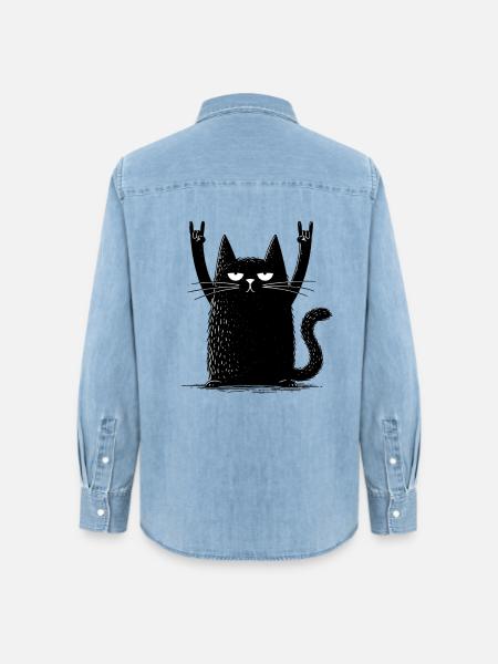 Schwarzer Katzenrocker - Frauen Jeanshemd Organic von Stanley/Stella - verwaschenes Hellblau