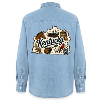 Autocollant bourbon vintage Kentucky Bluegrass - Chemise en denim femme bio Stanley/Stella - bleu clair délavé - Dos - AI Model Female 172 light (172cm)
