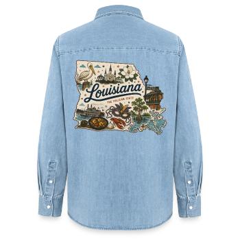 Louisiana Pelican State Vintage Travel Sticker - Women’s Organic Denim Shirt by Stanley/Stella - light wash - Back - AI Model Female 172 light (172cm)