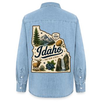 Idaho The Gem State Vintage Travel Sticker - Women’s Organic Denim Shirt by Stanley/Stella - light wash - Back - AI Model Female 172 light (172cm)