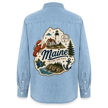 Maine Pine Tree State Vintage Coastal Sticker - Women’s Organic Denim Shirt by Stanley/Stella - light wash - Back - AI Model Female 172 light (172cm)