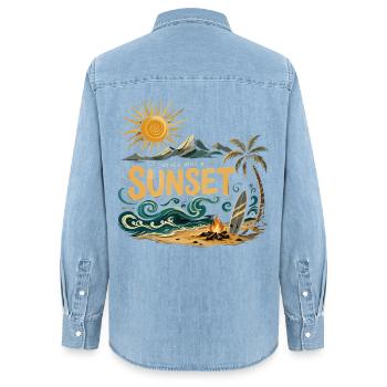 Sonnenuntergang am Strand Surf - Frauen Jeanshemd Organic von Stanley/Stella - verwaschenes Hellblau - Hinten - AI Model Female 172 light (172cm)
