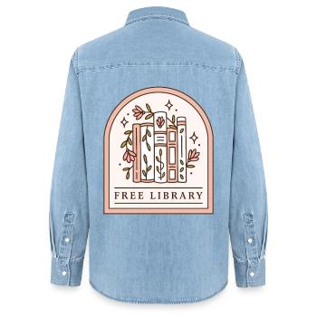 Kostenlose Bibliotheks-Nachbarschaftsbuchbox - Frauen Jeanshemd Organic von Stanley/Stella - verwaschenes Hellblau - Hinten - AI Model Female 172 light (172cm)