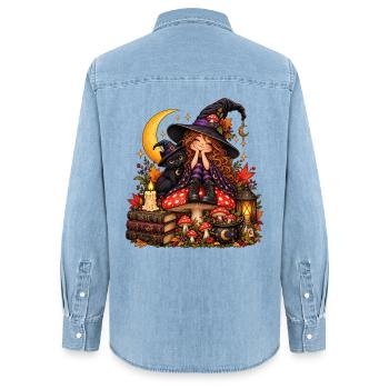 Niedliche Hexe mit schwarzer Katze - Frauen Jeanshemd Organic von Stanley/Stella - verwaschenes Hellblau - Hinten - AI Model Female 172 light (172cm)
