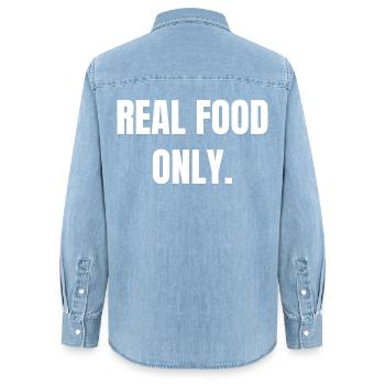 REAL FOOD ONLY | Carnivore Meat Based Lifestlye - Women’s Organic Denim Shirt by Stanley/Stella - light wash - Back - AI Model Female 172 light (172cm)