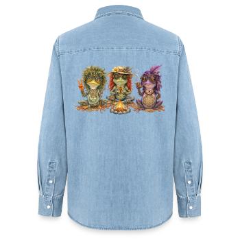 Three boho frogs at the campfire - Women’s Organic Denim Shirt by Stanley/Stella - light wash - Back - AI Model Female 172 light (172cm)