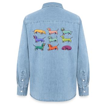 Colorful Dachshunds: Funny Dachshund Comic Dogs - Women’s Organic Denim Shirt by Stanley/Stella - light wash - Back - AI Model Female 172 light (172cm)