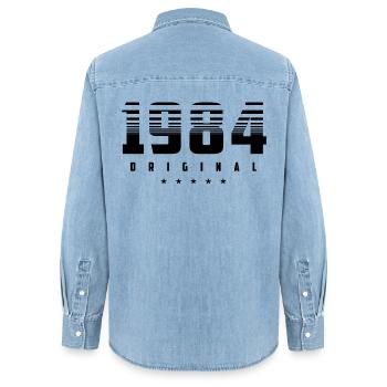 Geboren 1984 das Original - Frauen Jeanshemd Organic von Stanley/Stella - verwaschenes Hellblau - Hinten - AI Model Female 172 light (172cm)