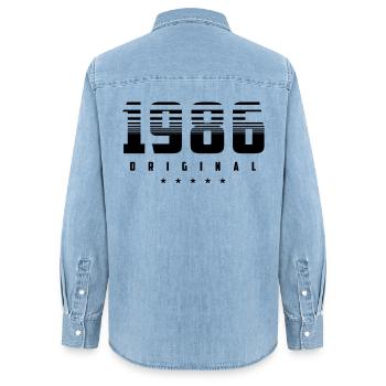 Geboren 1986 das Original - Frauen Jeanshemd Organic von Stanley/Stella - verwaschenes Hellblau - Hinten - AI Model Female 172 light (172cm)