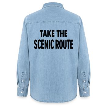Take the scenic route Abenteuer Reise Spruch - Women’s Organic Denim Shirt by Stanley/Stella - light wash - Back - AI Model Female 172 light (172cm)
