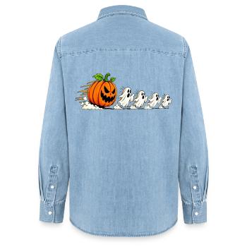 HALLOWEEN KÜRBIS GEIST - Frauen Jeanshemd Organic von Stanley/Stella - verwaschenes Hellblau - Hinten - AI Model Female 172 light (172cm)