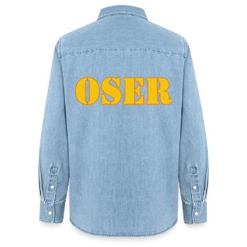 WAG U - Frauen Jeanshemd Organic von Stanley/Stella - verwaschenes Hellblau - Hinten - AI Model Female 172 light (172cm)