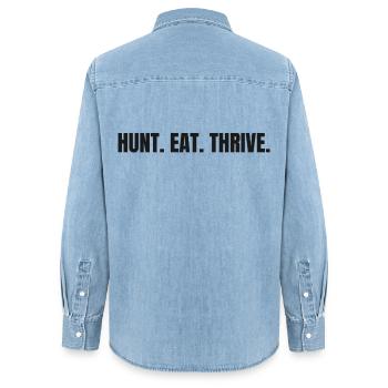 HUNT. EAT. THRIVE. | Carnivore T-Shirt for Hunters - Women’s Organic Denim Shirt by Stanley/Stella - light wash - Back - AI Model Female 172 light (172cm)