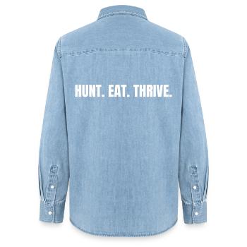 HUNT. EAT. THRIVE. Carnivore Ancestral Lifestyle - Women’s Organic Denim Shirt by Stanley/Stella - light wash - Back - AI Model Female 172 light (172cm)