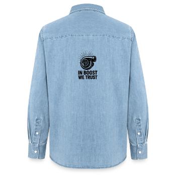 In Boost We Trust Turbo - Women’s Organic Denim Shirt by Stanley/Stella - light wash - Back - AI Model Female 172 light (172cm)