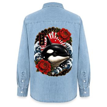 Orca im japanischen Irezumi Tattoo Stil - Frauen Jeanshemd Organic von Stanley/Stella - verwaschenes Hellblau - Hinten - AI Model Female 172 light (172cm)