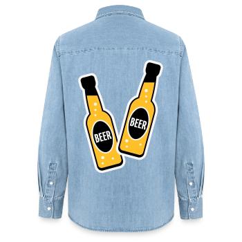 2 Toasting Beer Bottles (Beery / NEG / 2C) - Women’s Organic Denim Shirt by Stanley/Stella - light wash - Back - AI Model Female 172 light (172cm)