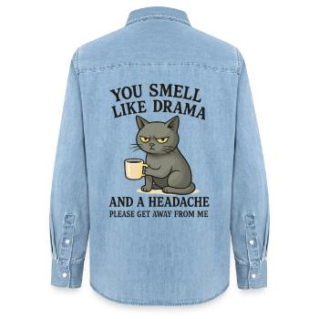 Grimmige Katze mit Kaffee Spruch - Frauen Jeanshemd Organic von Stanley/Stella - verwaschenes Hellblau - Hinten - AI Model Female 172 light (172cm)