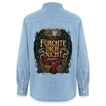 NE PAS AVOIR PEUR Bible Ésaïe 41:10 Fantaisie - Chemise en denim femme bio Stanley/Stella - bleu clair délavé - Dos - AI Model Female 172 light (172cm)
