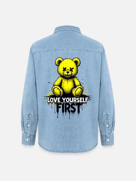 Love Yourself First Teddybär Graffiti - Frauen Jeanshemd Organic von Stanley/Stella - verwaschenes Hellblau