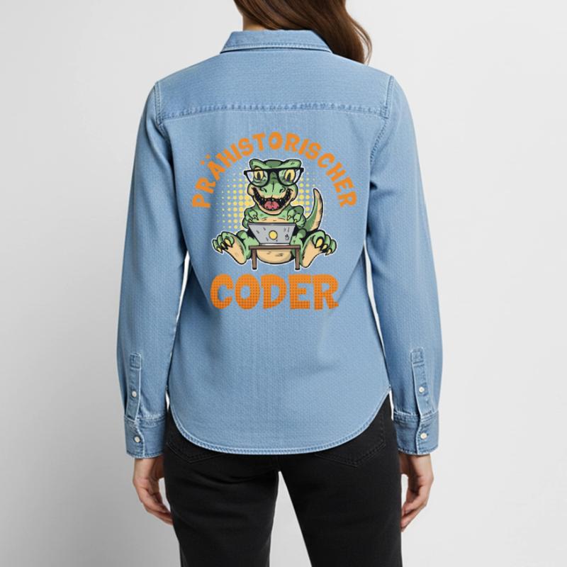 Coding PREHISTORIC CODER Fun Women’s Organic Denim Shirt by Stanley/Stella