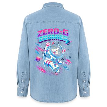 Null-G Zoomies | Astro Katze Weltraum Humor - Frauen Jeanshemd Organic von Stanley/Stella - verwaschenes Hellblau - Hinten - AI Model Female 172 light (172cm)
