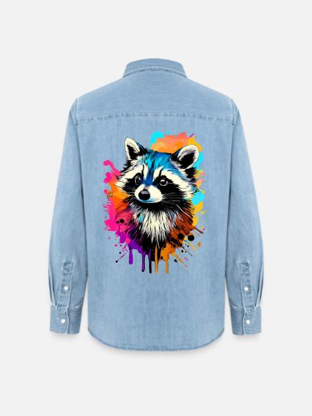 Waschbär Farbenfroh - Waschbär Raccoon - Frauen Jeanshemd Organic von Stanley/Stella - verwaschenes Hellblau