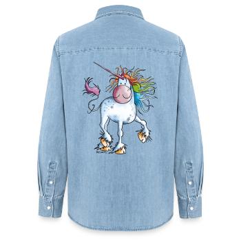 Regenbogen Einhorn - Frauen Jeanshemd Organic von Stanley/Stella - verwaschenes Hellblau - Hinten - AI Model Female 172 light (172cm)