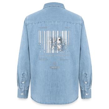Mass Produced Personality: NPC Energy T-Shirt - Women’s Organic Denim Shirt by Stanley/Stella - light wash - Back - AI Model Female 172 light (172cm)