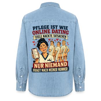 Pflege ist wie Online Dating - Frauen Jeanshemd Organic von Stanley/Stella - verwaschenes Hellblau - Hinten - AI Model Female 172 light (172cm)