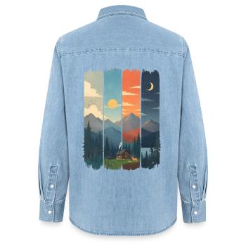 Horizons in four mountain panels - Women’s Organic Denim Shirt by Stanley/Stella - light wash - Back - AI Model Female 172 light (172cm)